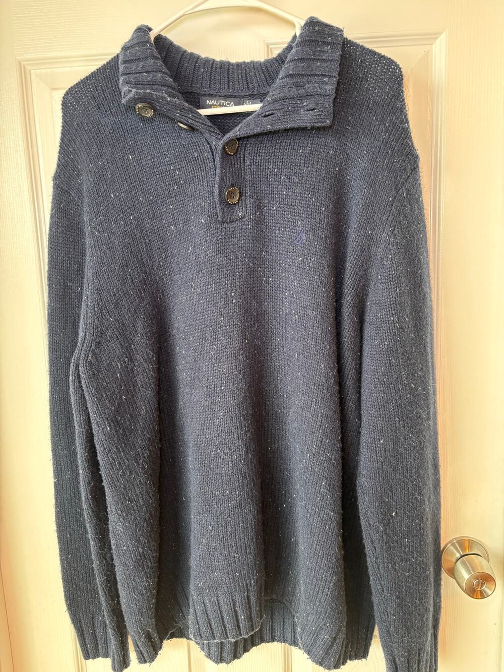 Nautica Men’s XL Navy Blue Wool Blend Speckled Button Neck Sweater